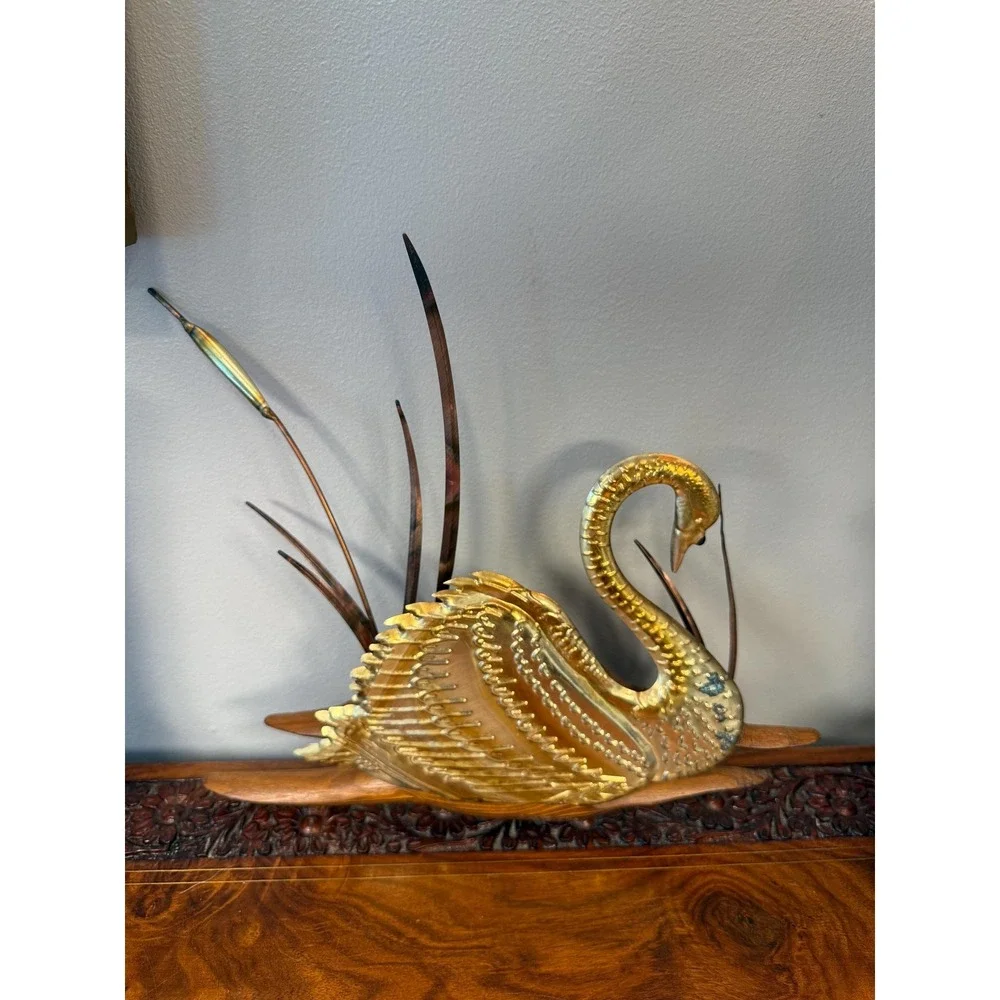 Vintage Brass Swan Wall Hanging • Mid Century Modern Bird Art